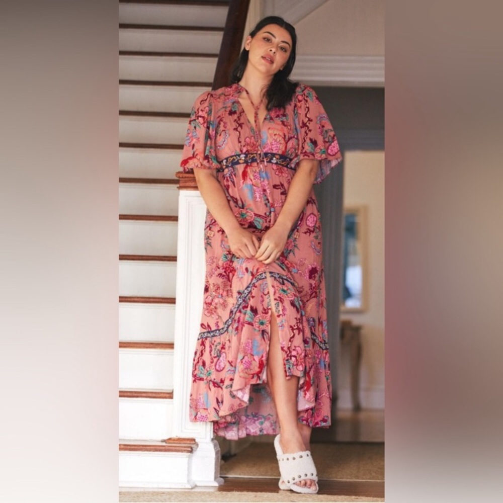 Anthropologie Ruffled Embroidered Maxi Dress Women Casual Printed Boho Cut Out M - Picture 13 of 15